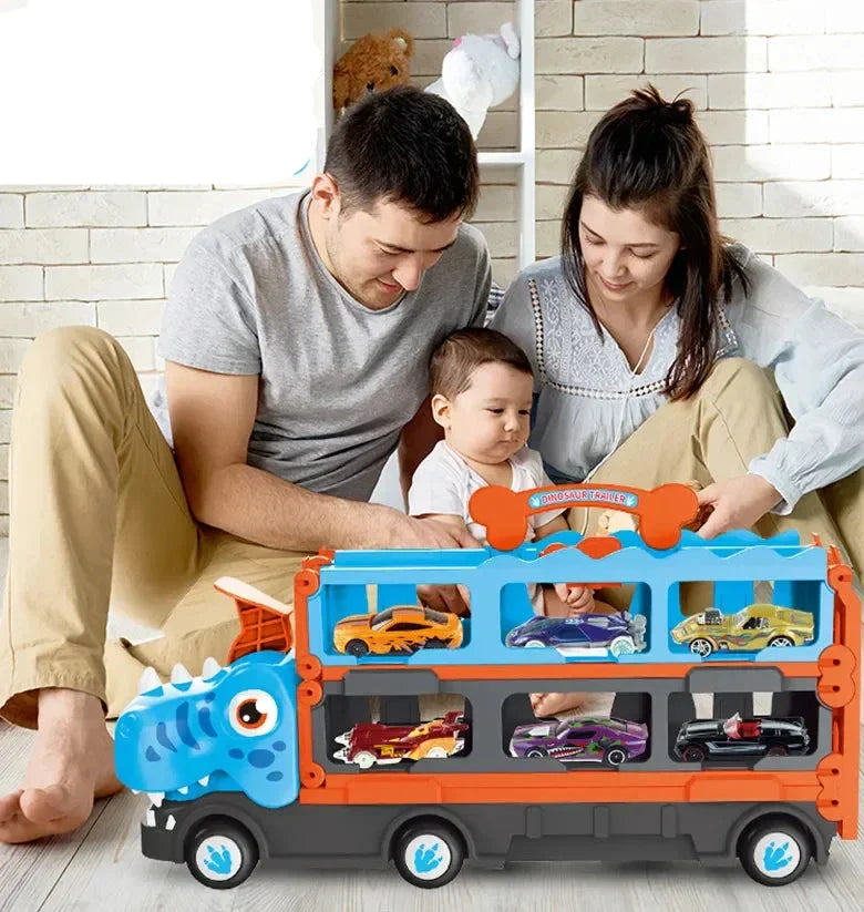 DinoRace Explorer – Speelgoedtruck met Uitschuifbare Racebaan en Mini-Auto's voor Kinderen 3+