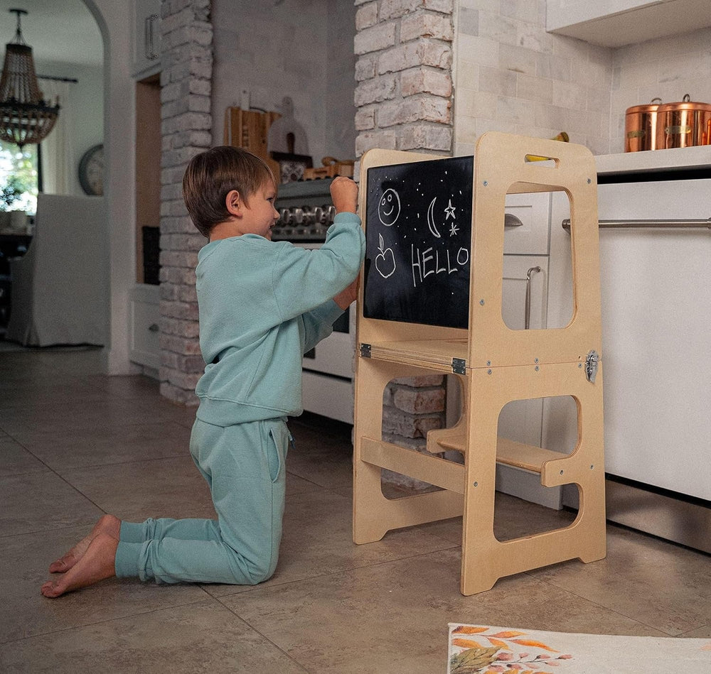 4-in-1 Peuter Leertoren & Tafel van Hout – Veilig, Meegroeiend & Multifunctioneel