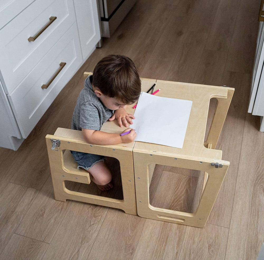 4-in-1 Peuter Leertoren & Tafel van Hout – Veilig, Meegroeiend & Multifunctioneel