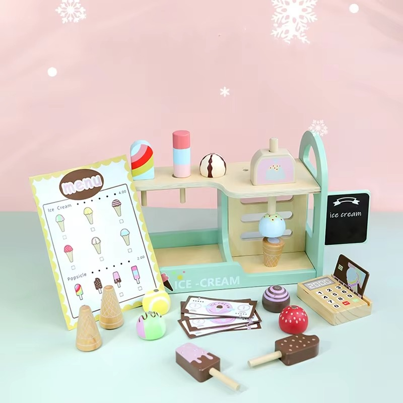 Playvero Count & Scoop Ice Bar – Educatieve Houten IJsjes Speelset met Geld en Rollenspel