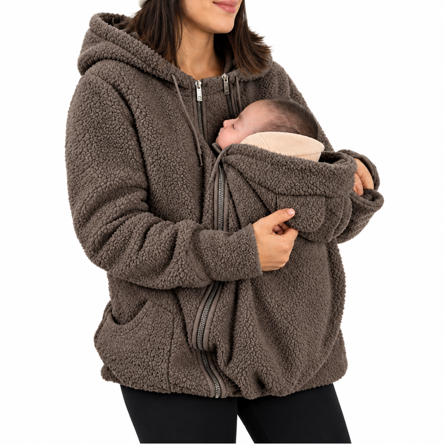 Draagjas 2-in-1 voor mama en baby – zachte fleece, capuchon, rits, zakken | babywearing hoodie