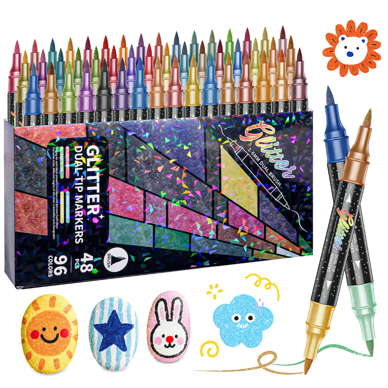 Dubbelzijdige glitterstiften set – fijne punt en brush tip, waterbasis inkt | lichtgevende markers
