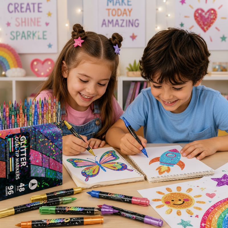Dubbelzijdige glitterstiften set – fijne punt en brush tip, waterbasis inkt | lichtgevende markers