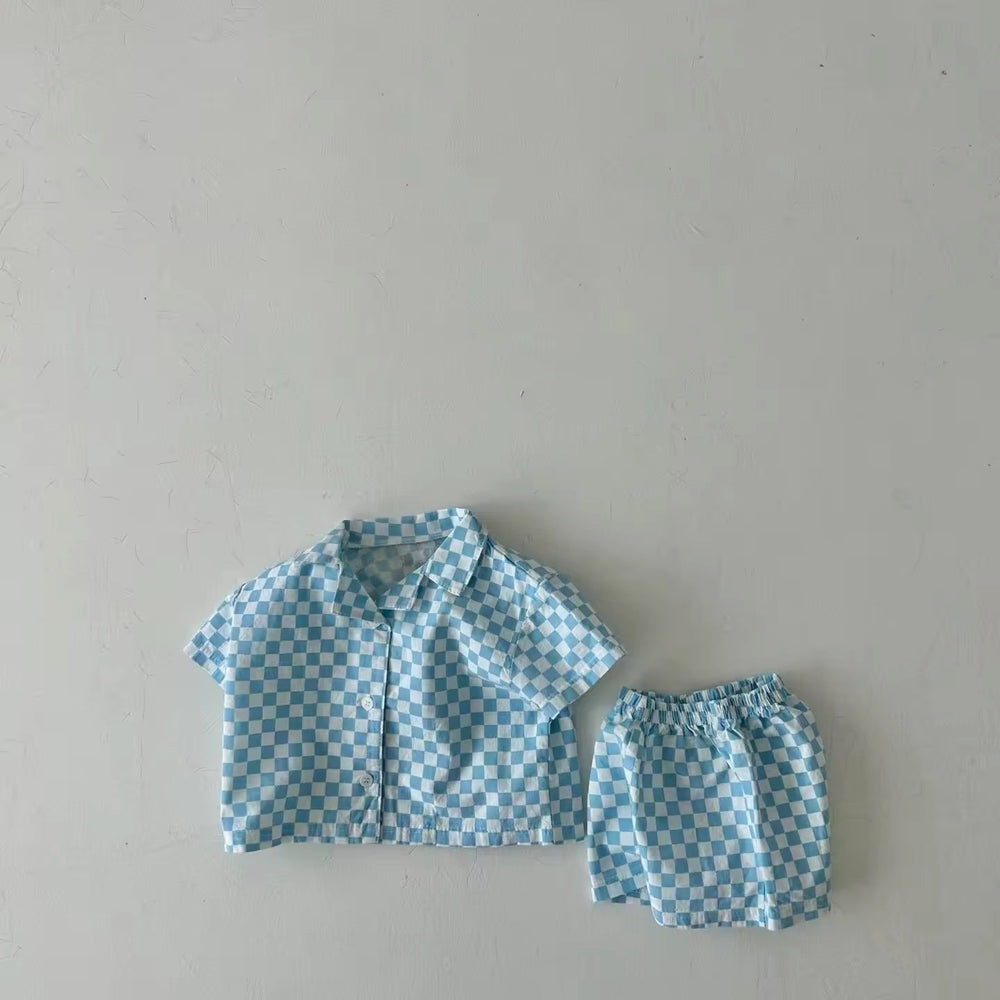 Trendy Geblokte Kledingset Shirt en Short - Baby Peuter Kleuter Kinderen, Roze/Blauw/Groen, Katoen, Maat 0-6 Jaar