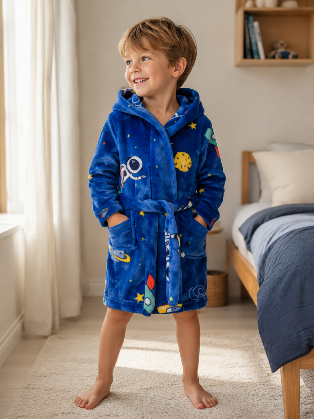 Kinderbadjas Ruimteprint – Warme Fleece Badjas met Capuchon