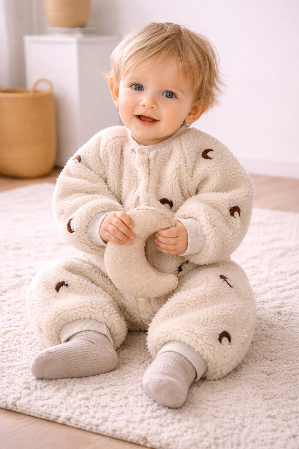 Baby Teddy Jumpsuit Beige – Warme Onesie met Drukknoopsluiting (0–3 Jaar)