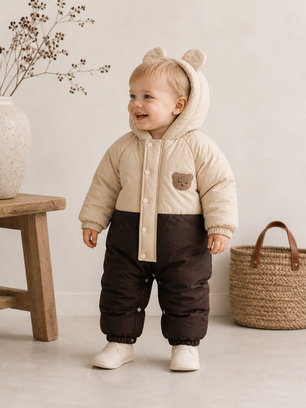 Baby Beren Jumpsuit – Warme Winter Overall met Capuchon (0–2 Jaar)