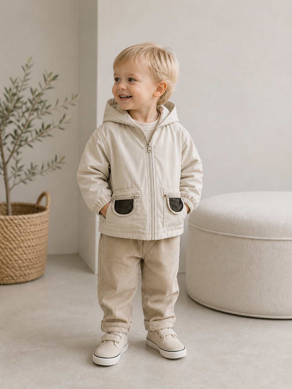 Kinder Jas met Capuchon – Lichtgewicht Windbreaker Beige/Bruin (0–8 Jaar)