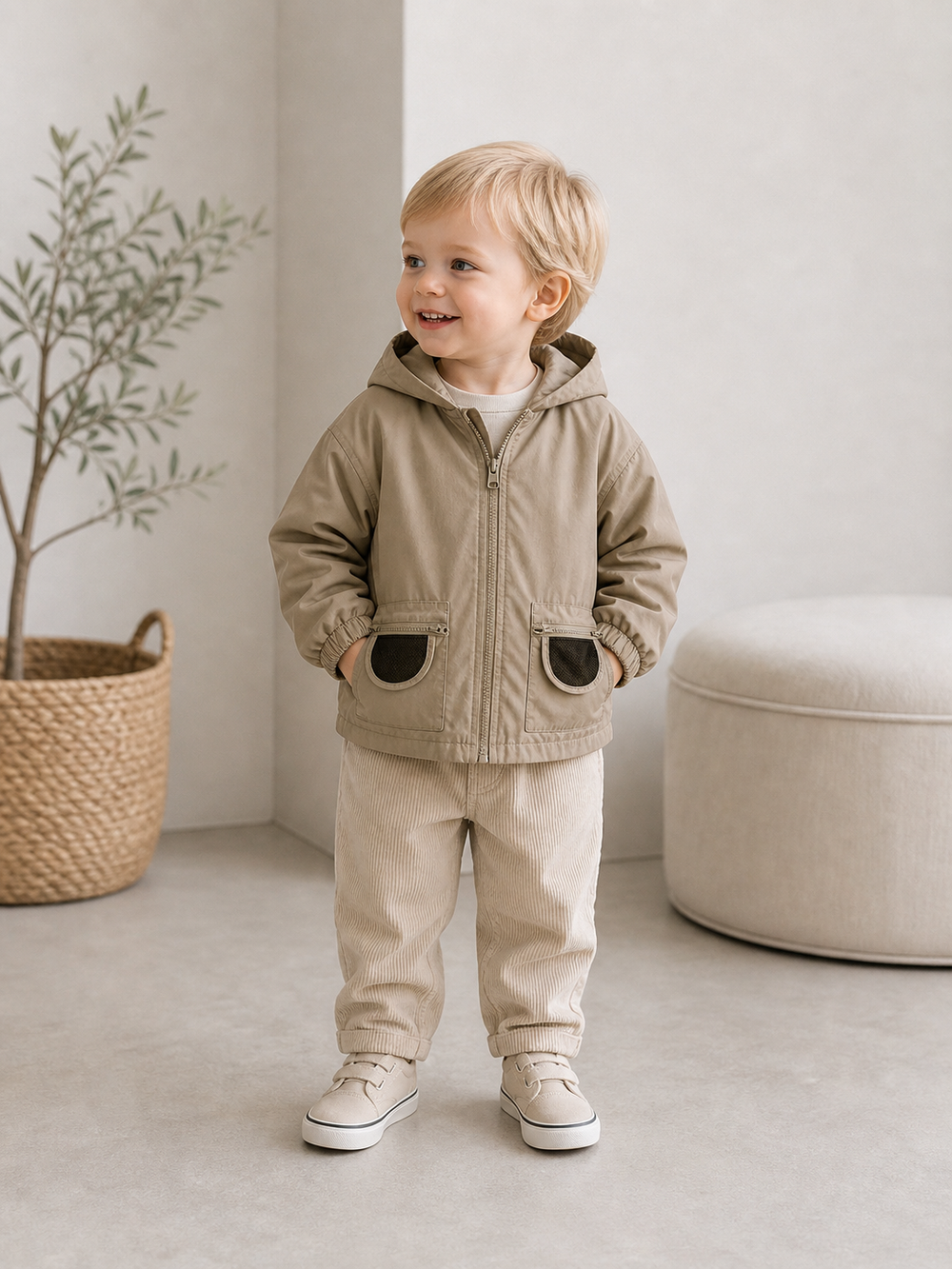 Kinder Jas met Capuchon – Lichtgewicht Windbreaker Beige/Bruin (0–8 Jaar)