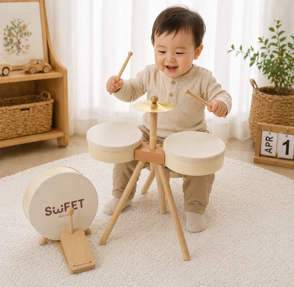 Houten drumstel met bekken en xylofoon – 5 instrumenten, beukenhout | muziekspeelgoed