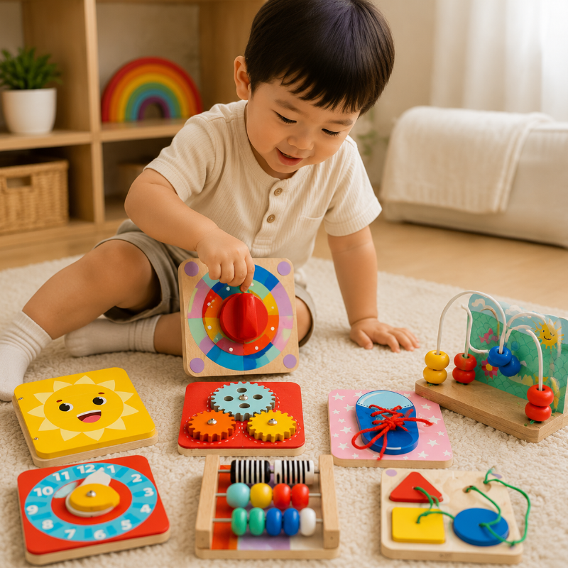 Magnetisch busy board Montessori van hout – keuze uit 12 activiteiten, compact | activiteitenbord