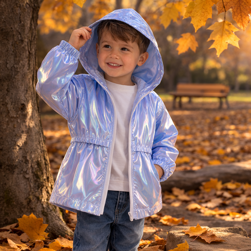 Kinderregenjas met capuchon en glanzende coating – rits, elastische boorden | regenjack