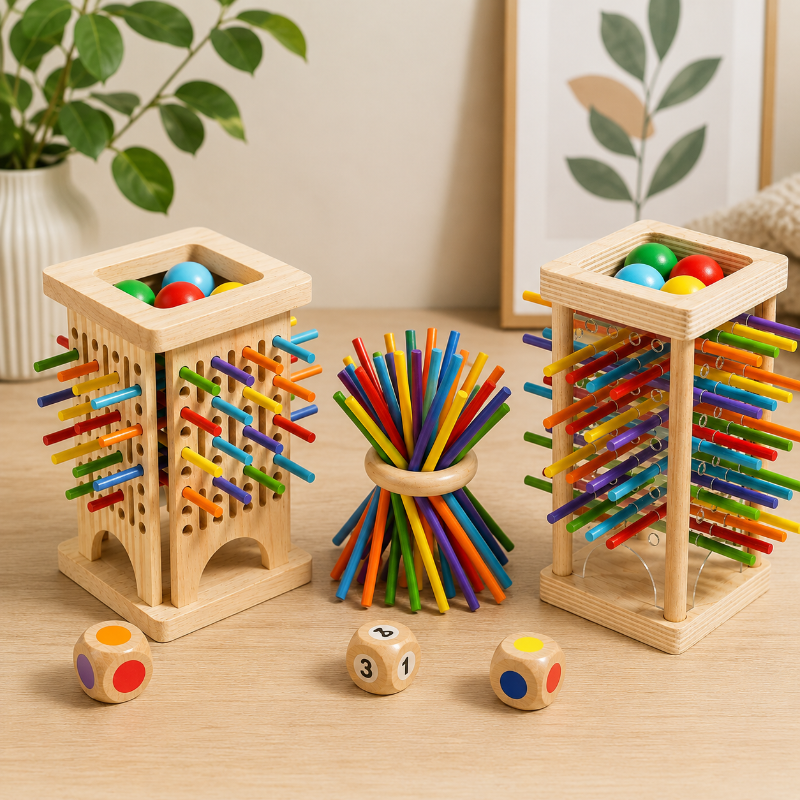 Stokjesspel van hout met kleurendobbelsteen – toren of ring, 2 of meer spelers | behendigheidsspel