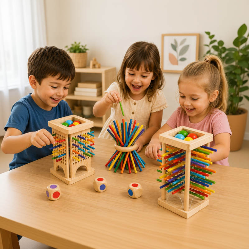 Stokjesspel van hout met kleurendobbelsteen – toren of ring, 2 of meer spelers | behendigheidsspel