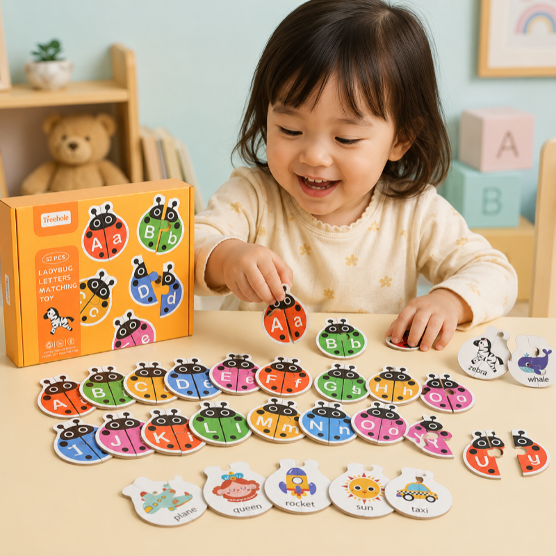 Houten alfabetpuzzel en lettermatchingspel voor kinderen