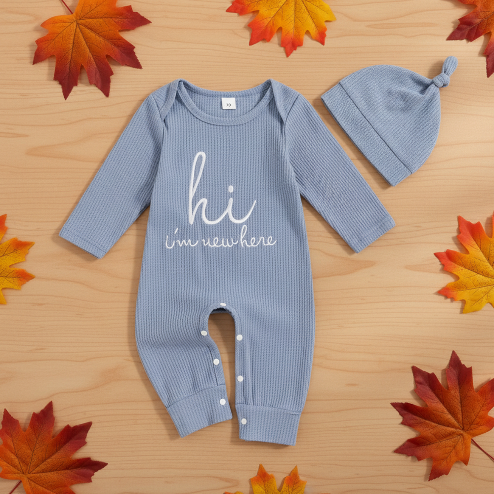 Babyjumpsuit met bijpassend mutsje, tweedelige set van zachte katoenmix met lange mouwen voor jongens en meisjes