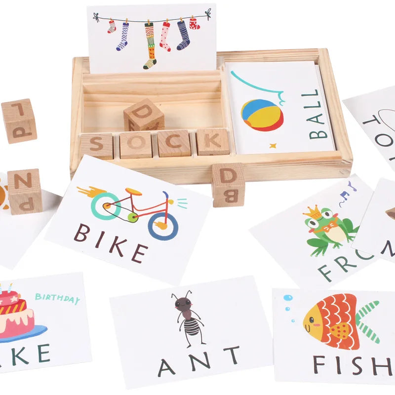 Montessori Houten Taalpuzzel – Leer Engels met Educatieve Letterkaarten voor Kinderen (3+)