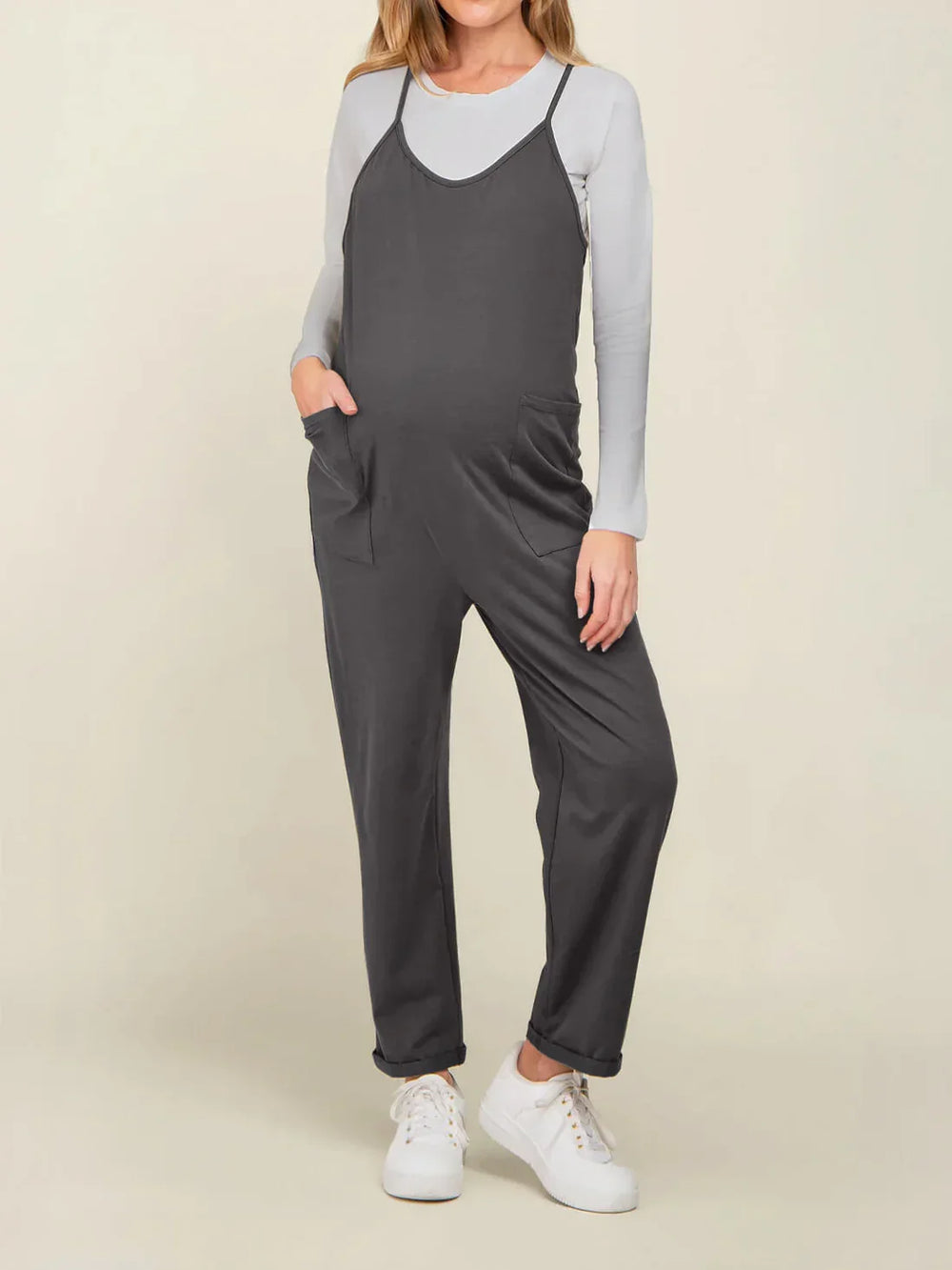 Zwangerschapsjumpsuit met grote zakken – loose fit, rekbare katoenmix | positiekleding
