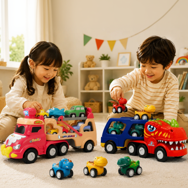 5-in-1 Dinosaurus Vrachtwagen Speelset – Transporttruck met Licht, Geluid & Mini Dino's