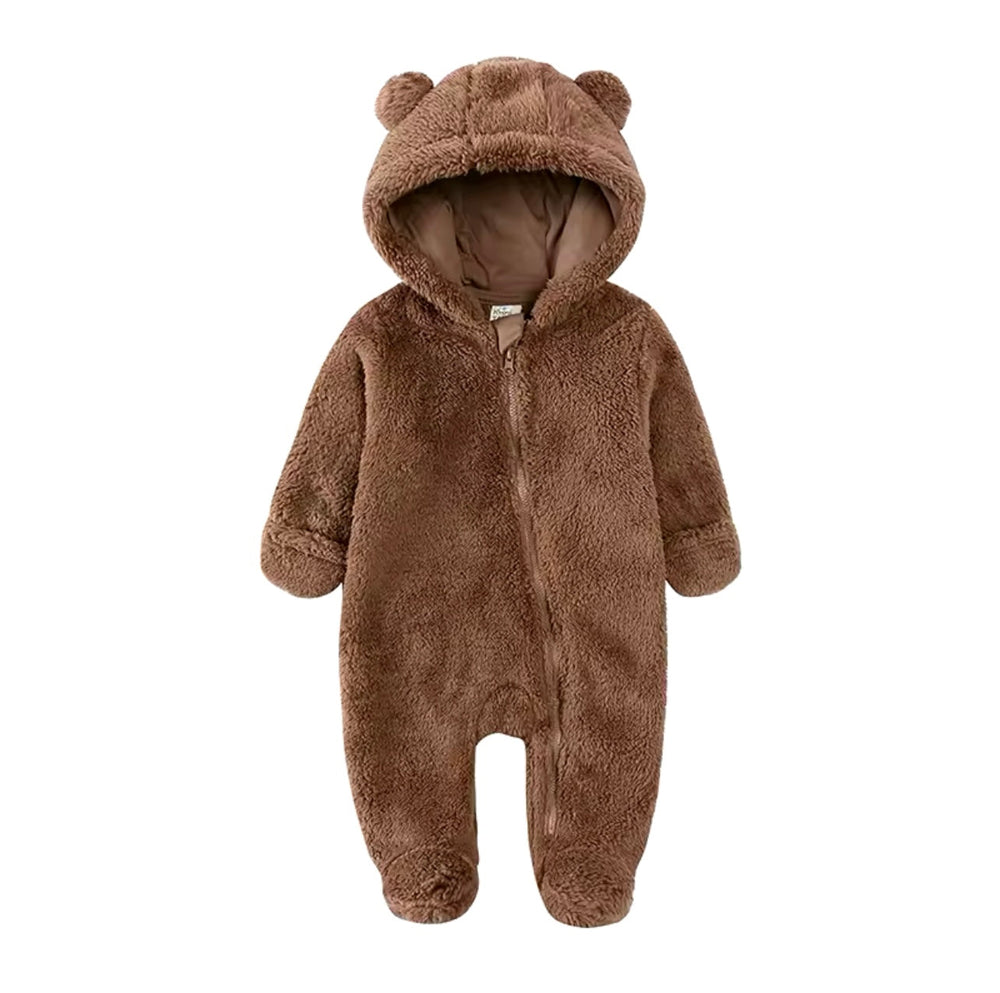 Warme Teddy Pramsuit Baby 0-1,5 Jaar – Bruin Winterpak met Capuchon & Oortjes | SnugNest
