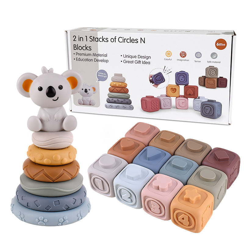 Stapel- en bijtspeelgoed koala met kubussen en ringen – zachte kunststof, texturen | babyspeelgoed