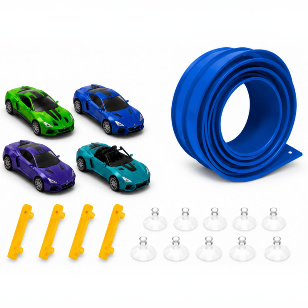 Flexibele Racebaan voor Kinderen – 395 cm met Push-and-Go Raceauto's & Obstakels