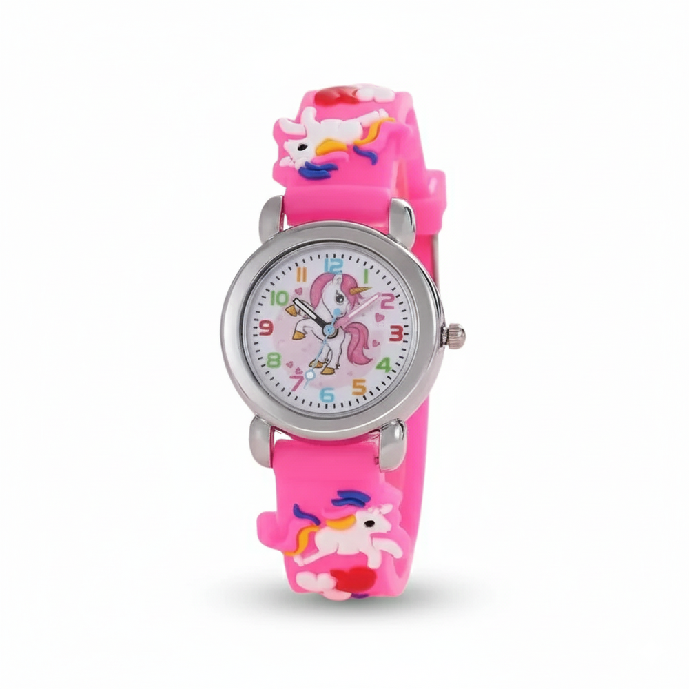 Kinderhorloge met eenhoorn en analoge wijzers – quartz, PVC-band, klokkijken leren | polshorloge