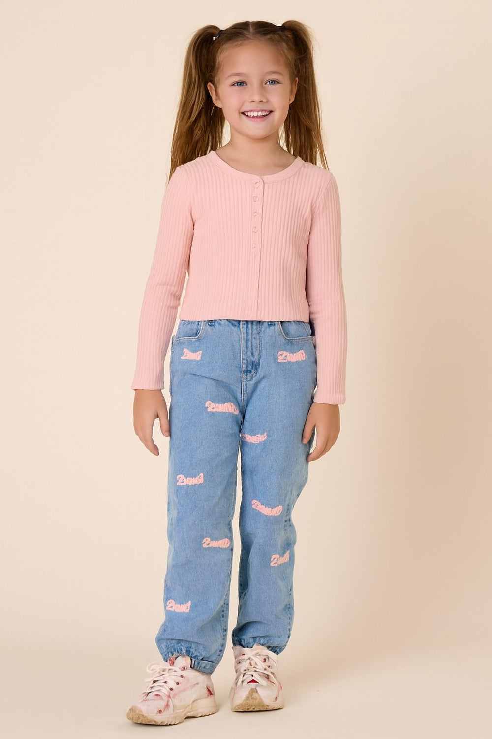 Meisjes 2-Delige Denim Broek & Roze Top Set
