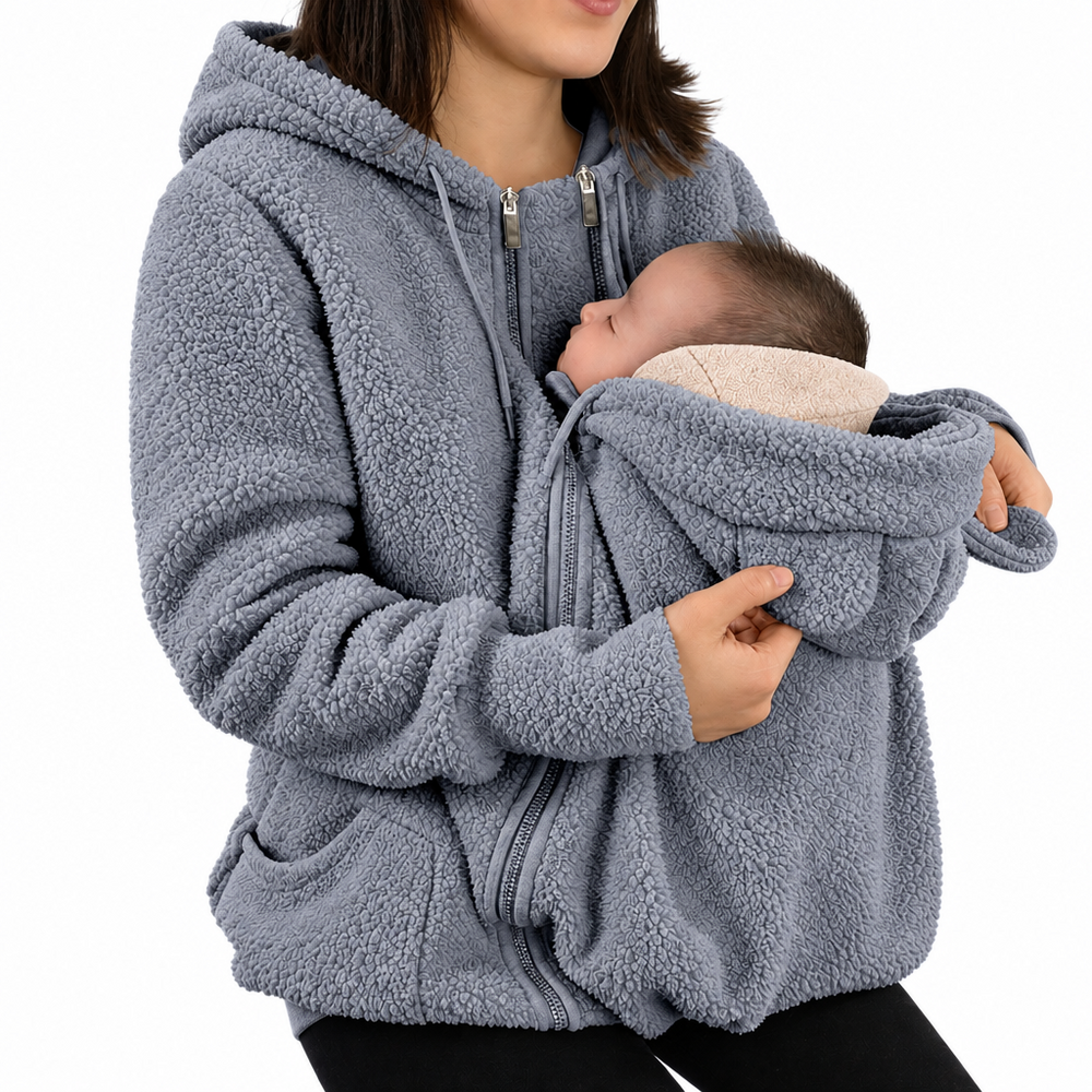 Draagjas 2-in-1 voor mama en baby – zachte fleece, capuchon, rits, zakken | babywearing hoodie