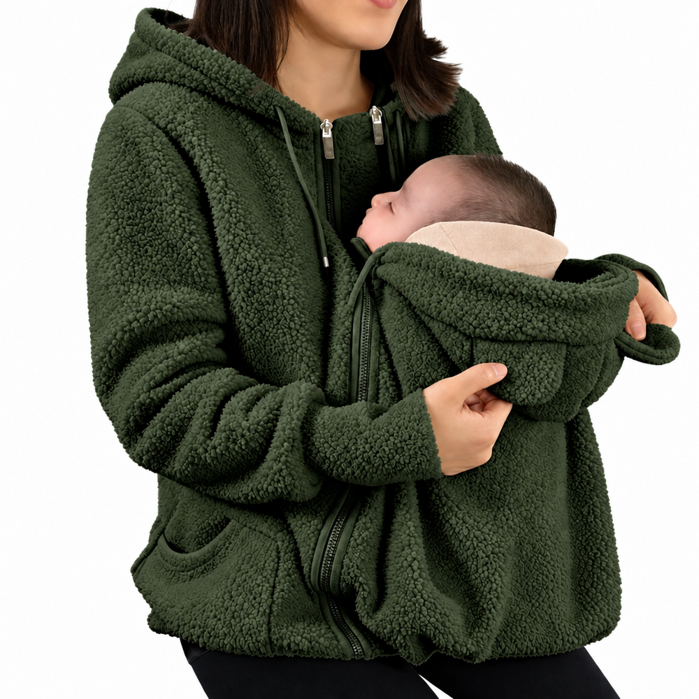Draagjas 2-in-1 voor mama en baby – zachte fleece, capuchon, rits, zakken | babywearing hoodie