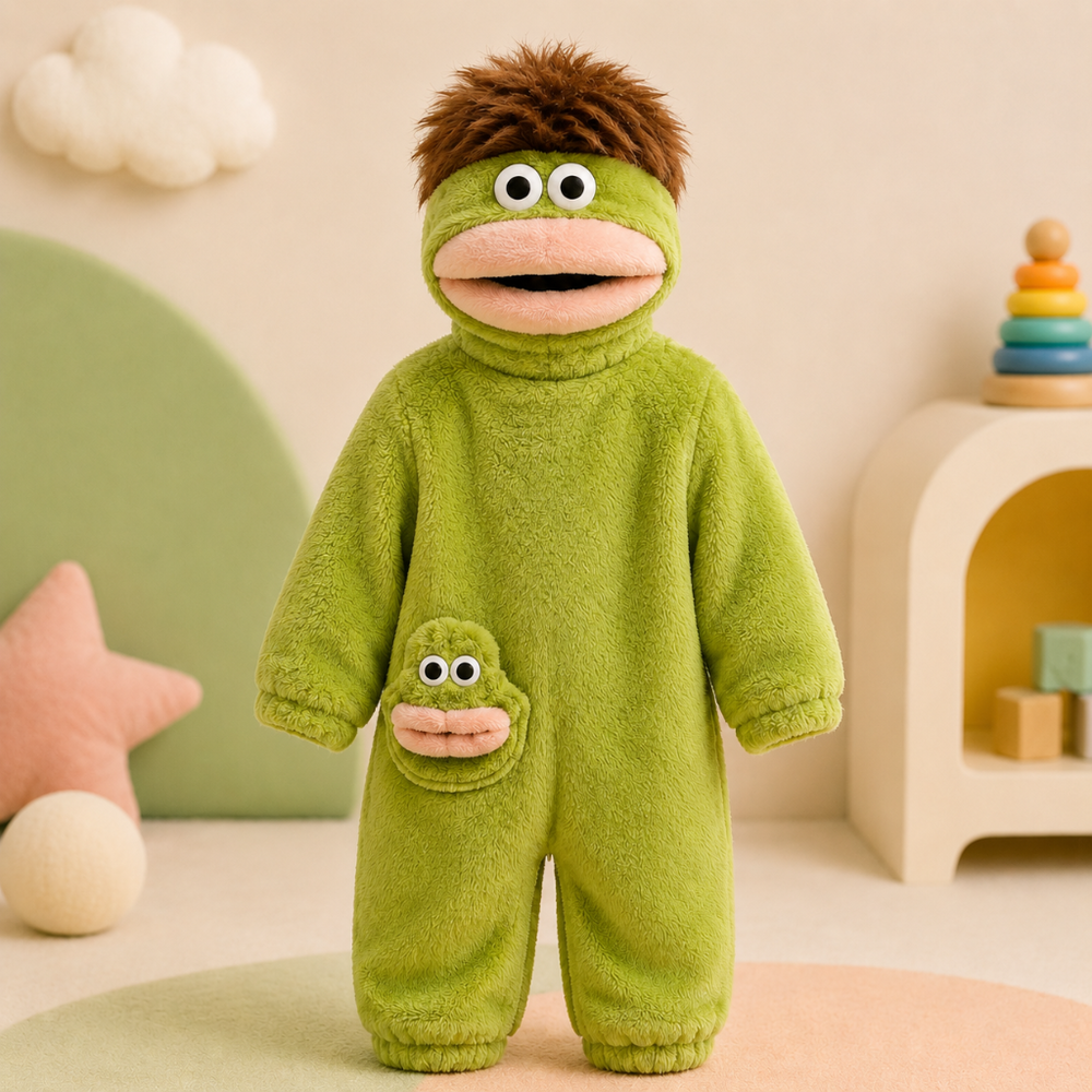 Kinder-onesie met monsterdesign en capuchon – zachte stof, ruime pasvorm | verkleedpak