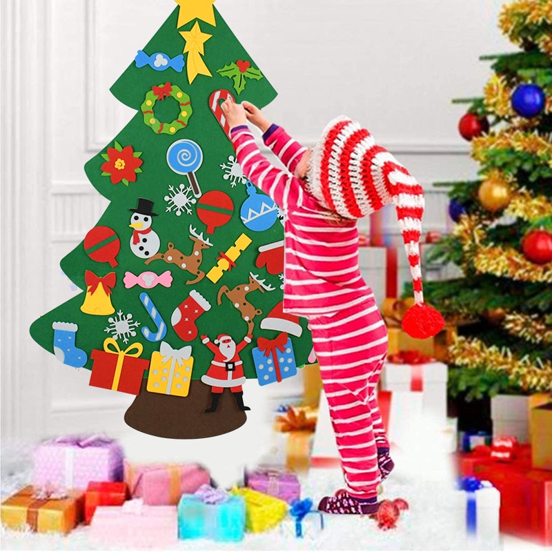 Vilten kerstboom voor kinderen met klittenbandfiguren – ophanglus, opvouwbaar | kerstspeelgoed