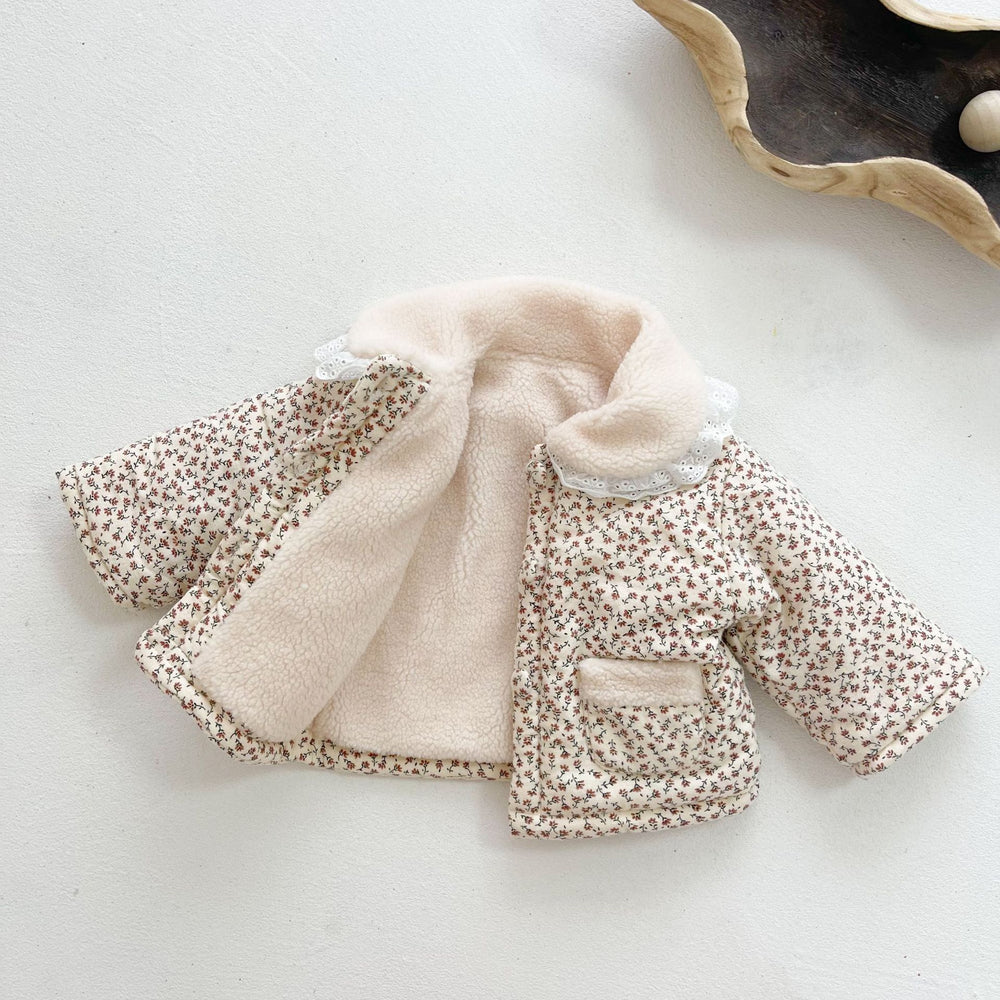 FloralFleece Meisjes Winterjas met Kanten Kraag | Warme Babyjas 6m–3jr | Gebloemde Teddyjas voor Meisjes