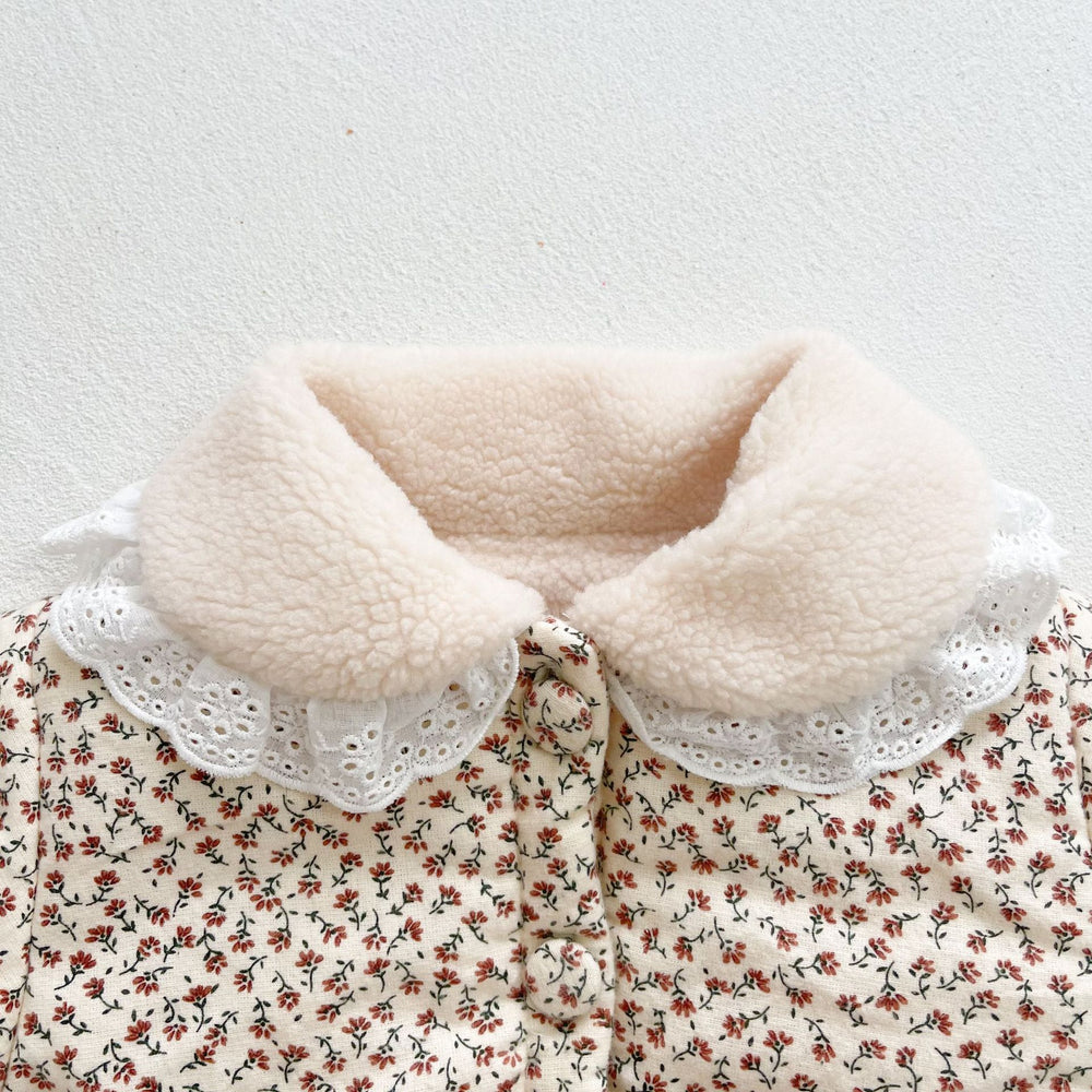 FloralFleece Meisjes Winterjas met Kanten Kraag | Warme Babyjas 6m–3jr | Gebloemde Teddyjas voor Meisjes