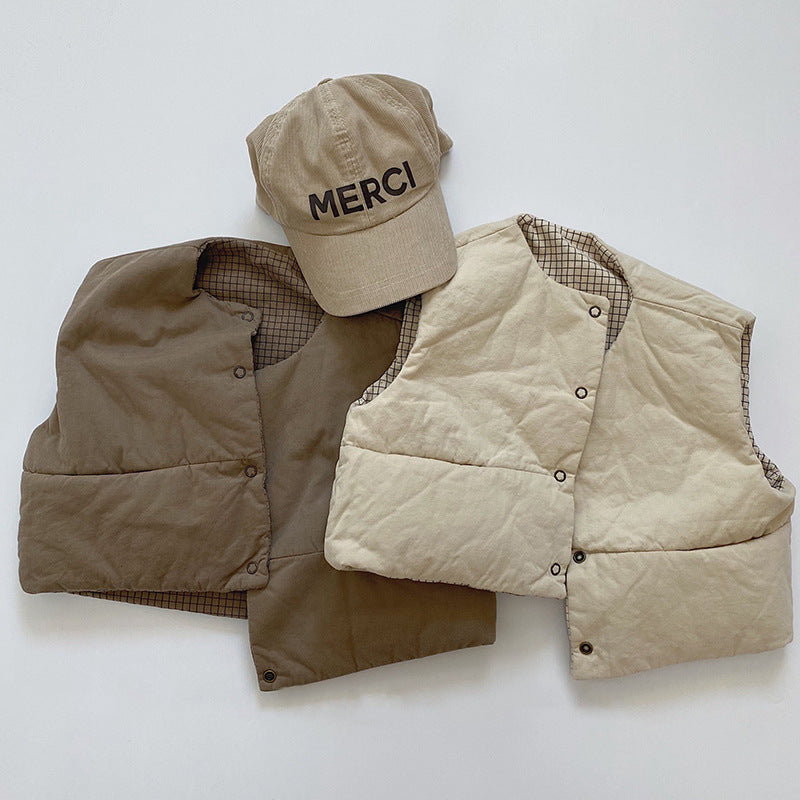 Tweezijdig Gewatteerde Bodywarmer - Ruitjesprint Unisex, Bruin/Beige, Katoen, 0-3 Jaar