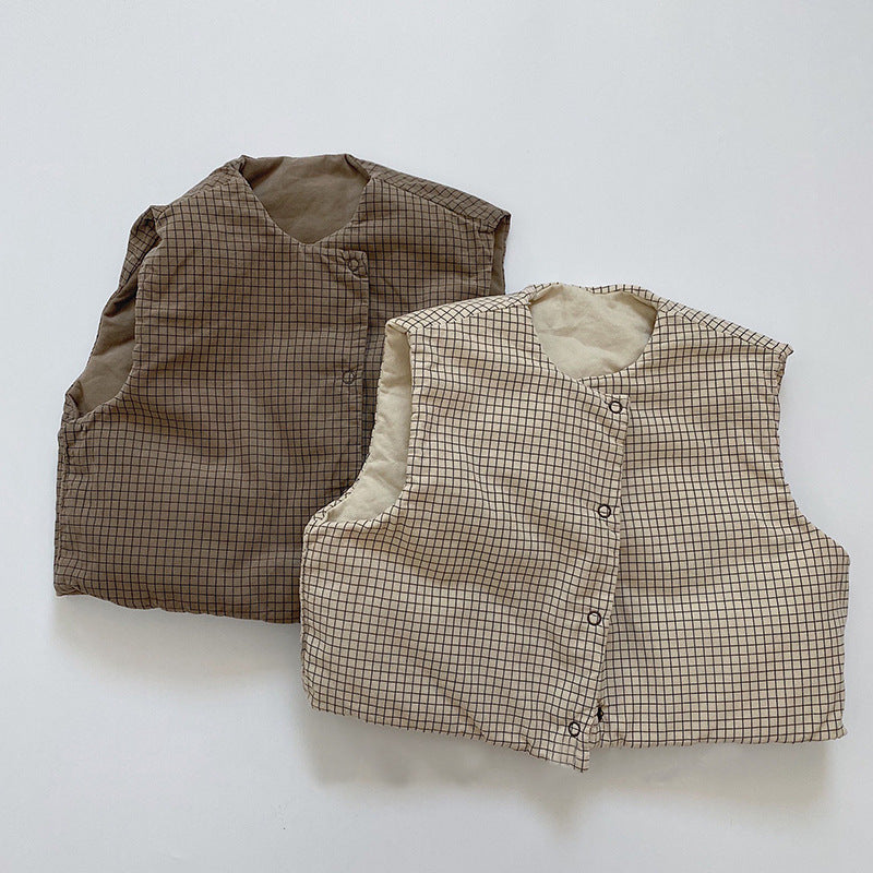 Tweezijdig Gewatteerde Bodywarmer - Ruitjesprint Unisex, Bruin/Beige, Katoen, 0-3 Jaar
