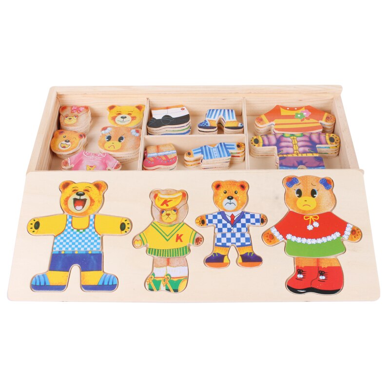 Houten verkleedpuzzel beer met 100 outfits – beukenhout, opbergkist, vanaf 2 jaar | aankleedpuzzel
