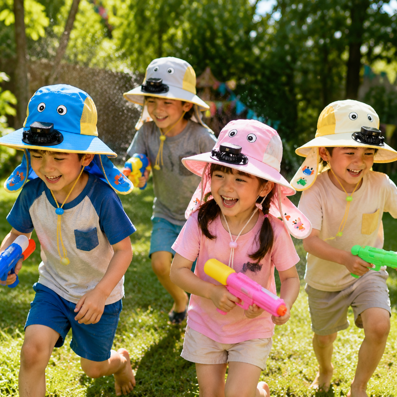Kinder Zomerhoed met Ventilator – Zonbescherming & Verkoeling, USB én Solar