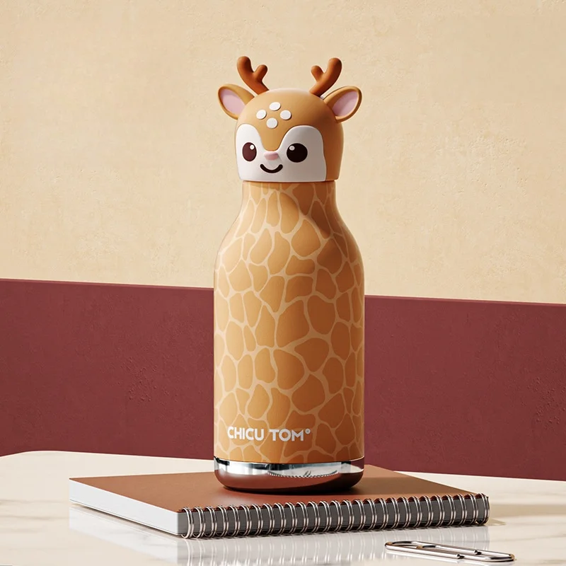 Kinderthermosfles rvs 316 met dierenkop – 8 uur warm, 12 uur koud, voor school en sport | drinkfles