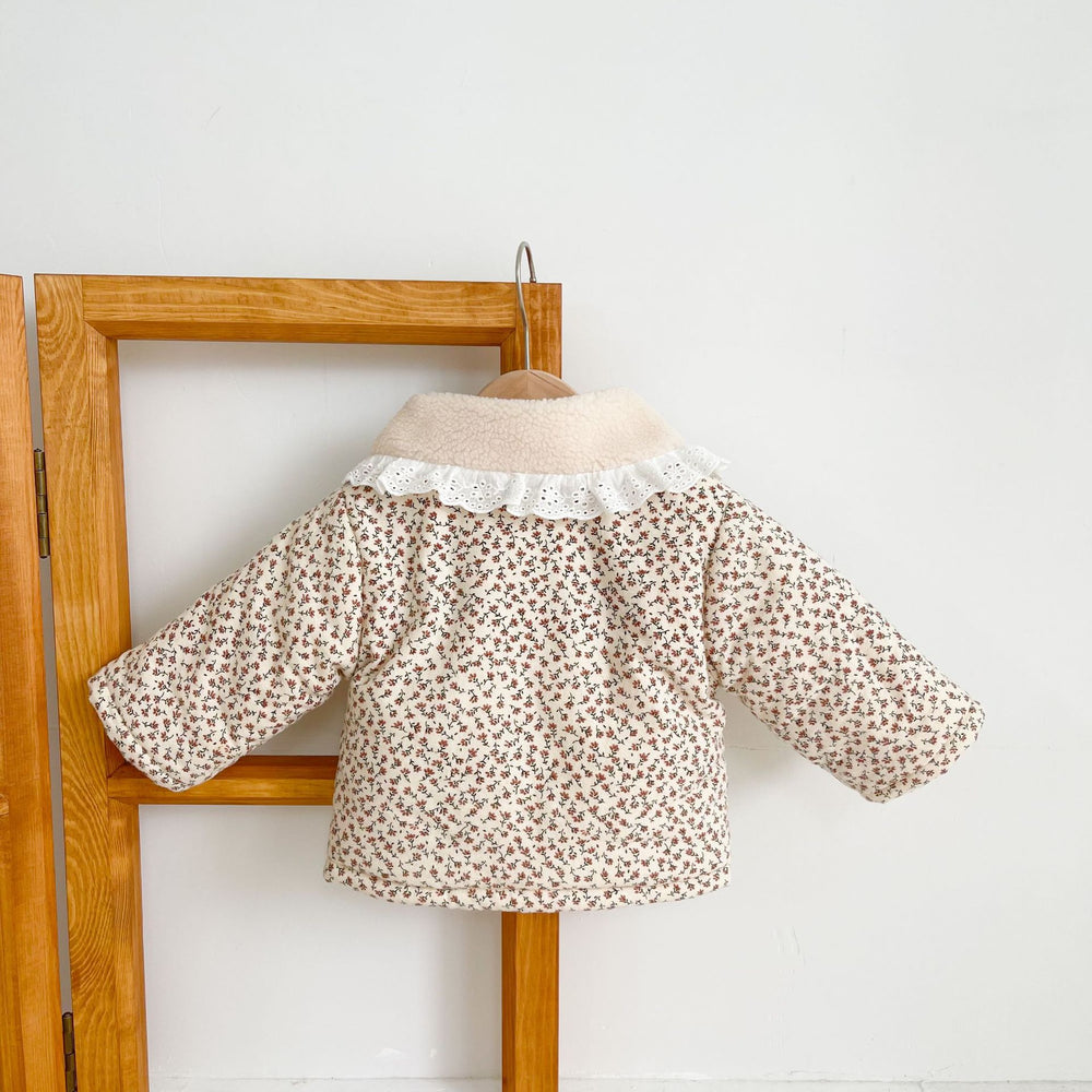 FloralFleece Meisjes Winterjas met Kanten Kraag | Warme Babyjas 6m–3jr | Gebloemde Teddyjas voor Meisjes