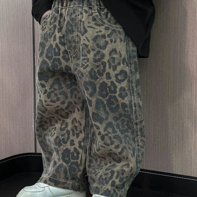 Spijkerbroek met Luipaardprint - Meisjes, Zwart, Katoen, Denim, Maat 1-10 Jaar-More For Mini
