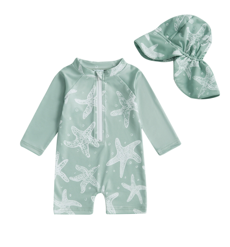 UV Zwempak Baby met Hoedje – Met Schildpadden – UPF50+ (0–3 jaar)