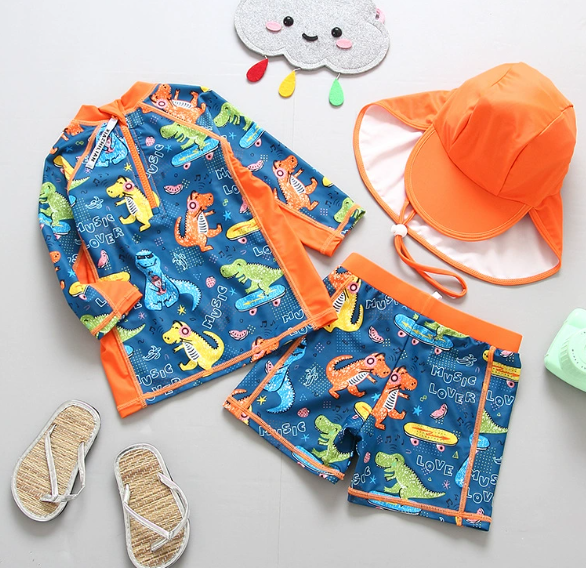 Solvie Dino's UV Zwempakje Set – Baby Zwempak + Hoedje – UPF50+ Bescherming – 0-3 Jaar – Lange Mouwen