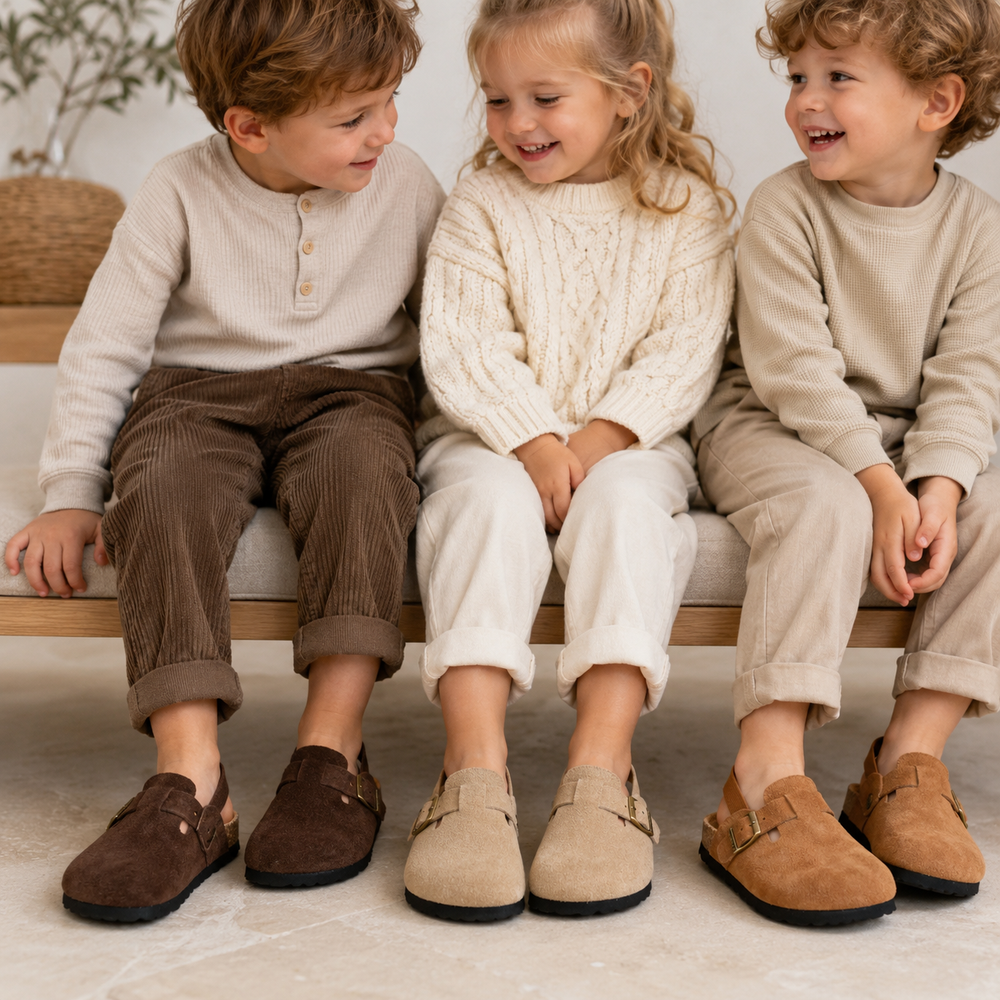 Kinderclogs sandalen met suède look en leren bovenwerk, elastische hielband, kurken zool en antislip profiel voor dageli