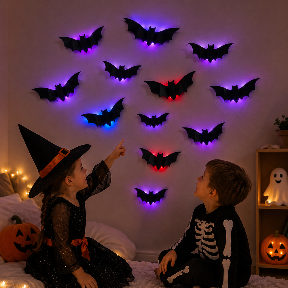 Halloween wanddecoratie met lichtgevende vleermuizen – 3D-effect, voor muur en deur | muurstickers