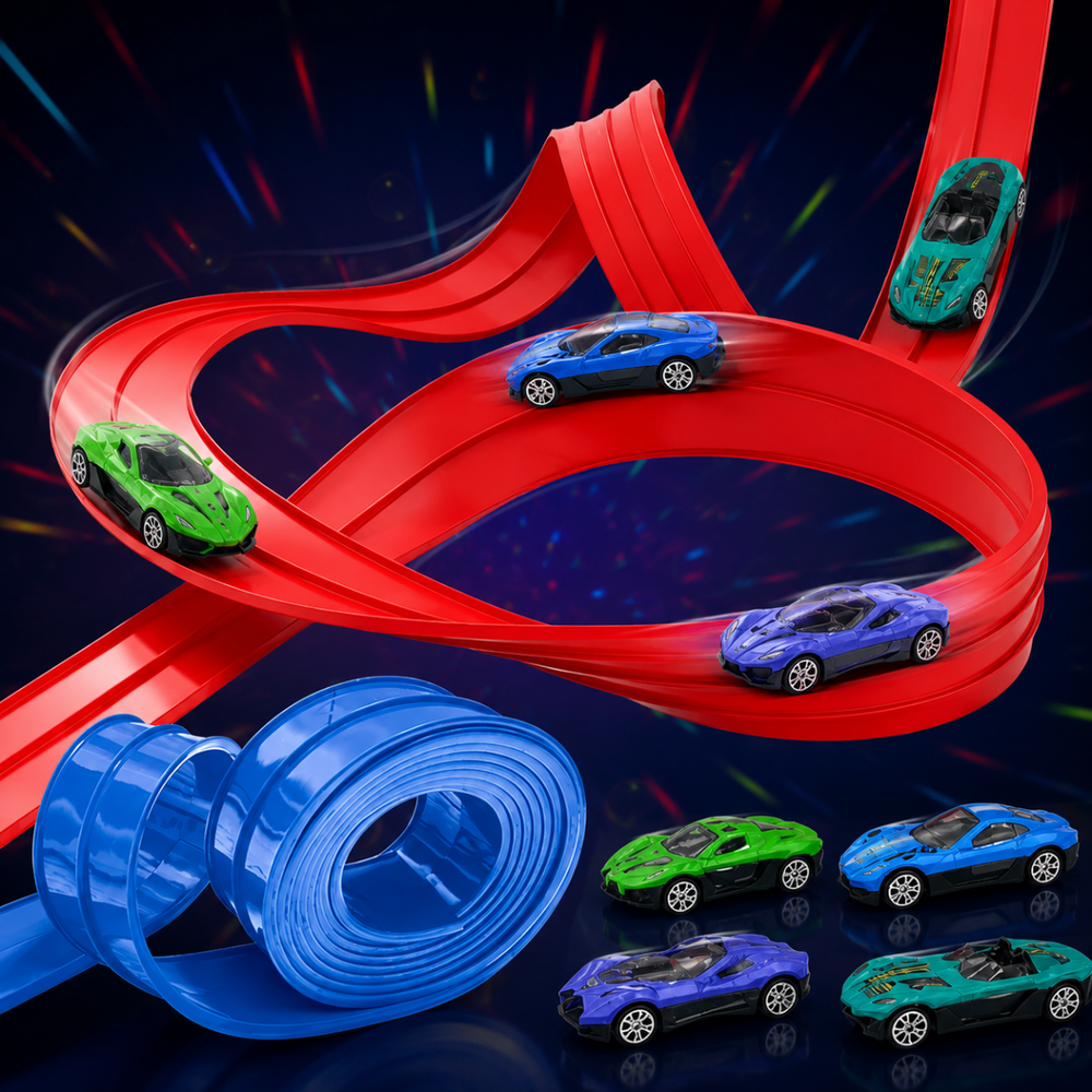 Flexibele Racebaan voor Kinderen – 395 cm met Push-and-Go Raceauto's & Obstakels