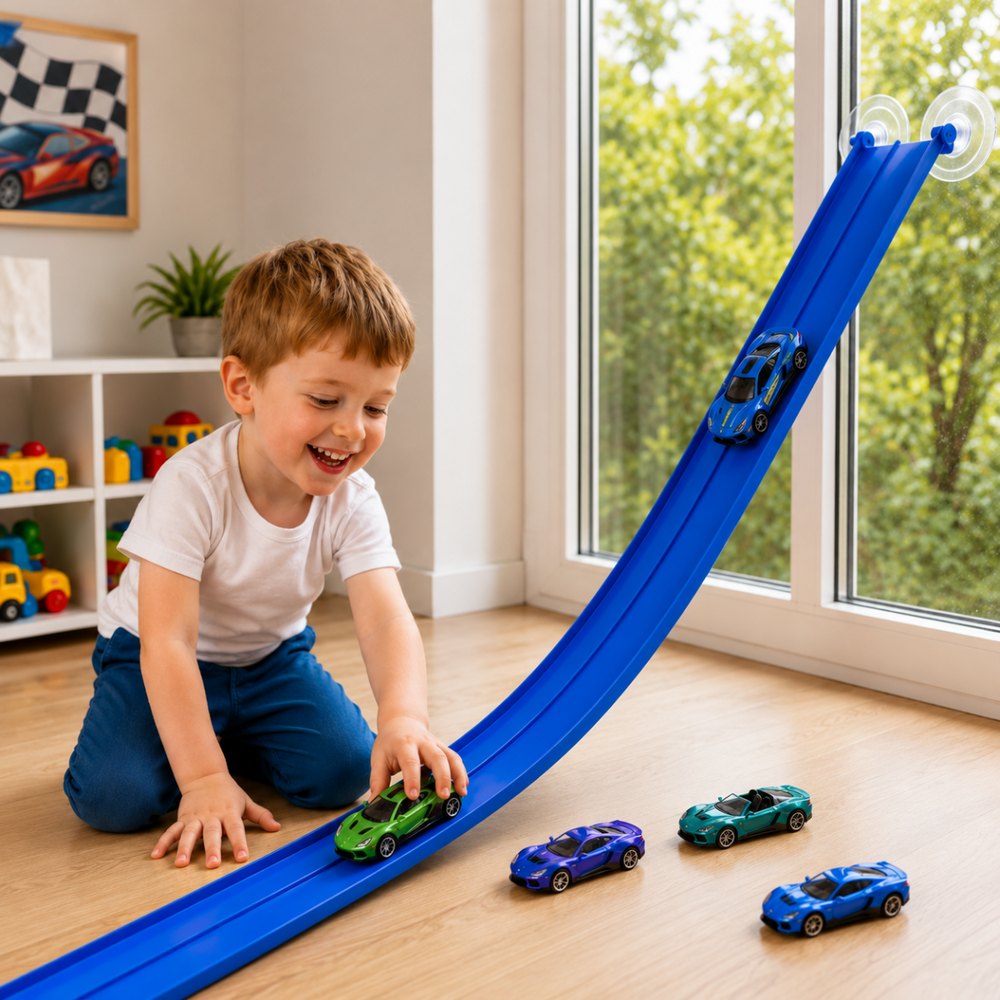 Flexibele Racebaan voor Kinderen – 395 cm met Push-and-Go Raceauto's & Obstakels