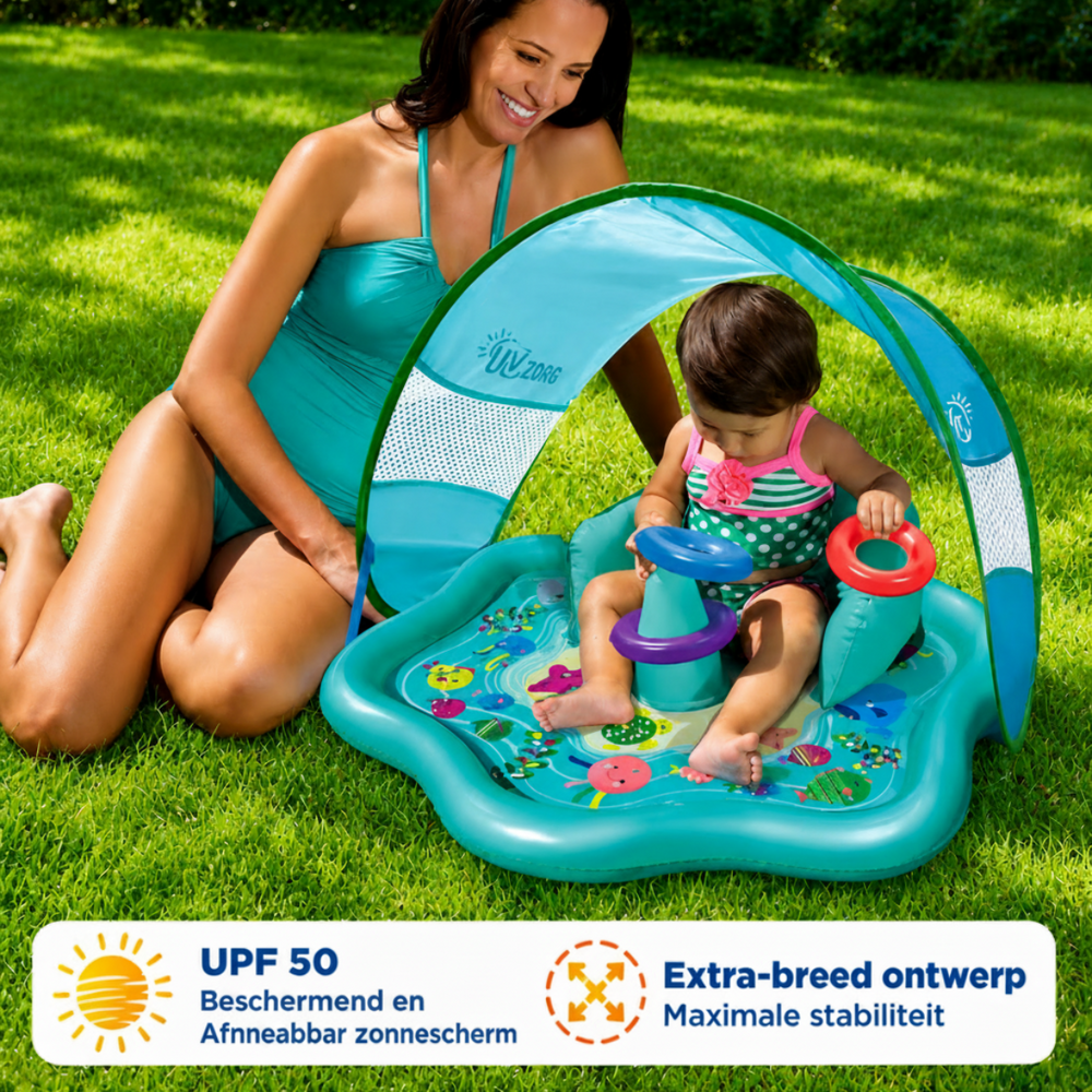 Baby Zwembad met Zonnescherm (UPF 50) – Opblaasbaar Waterspeelbad met Stapelringen