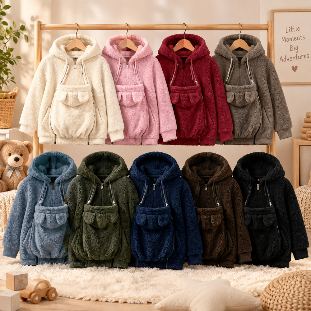 Draagjas 2-in-1 voor mama en baby – zachte fleece, capuchon, rits, zakken | babywearing hoodie