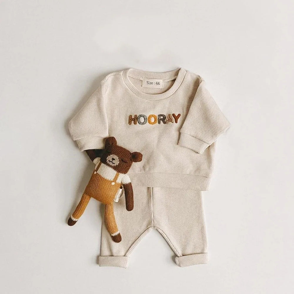 Set Trui en Broek Wafelstof -Hooray! Unisex, Katoen, Maat 0-3 Jaar-More For Mini